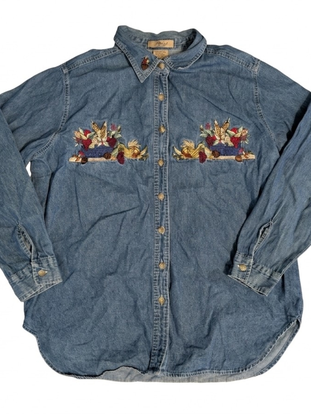 VTG Just My Size Denim Shirt 14W 16W Fall Harvest Pumpkin Corn Embroidery Granny